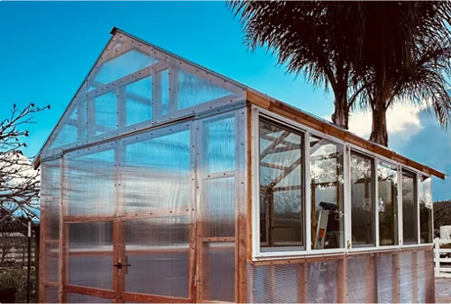 Custom-built greenhouses. Wood frame, 0.315” (8mm) Polycarbonate clear twin-wall hollow sheets